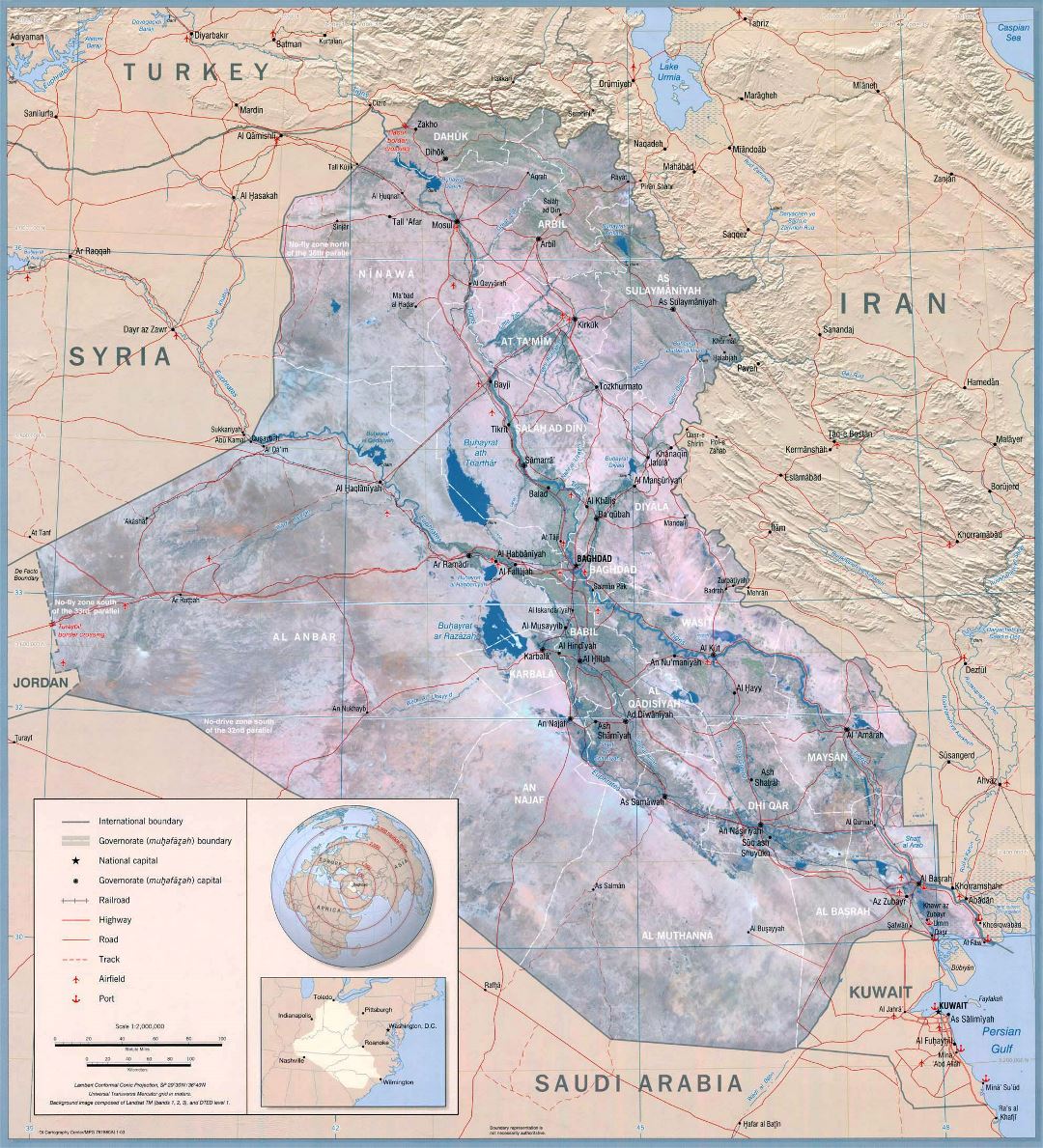 Large detailed political wall map of Iraq - 2003