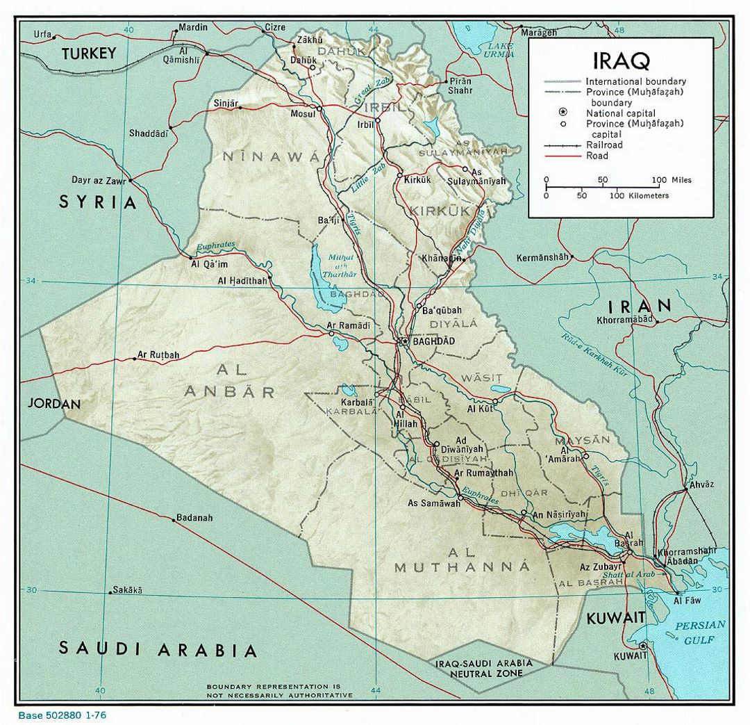 Large political and administrative map of Iraq with relief, roads, railroads and major cities - 1976