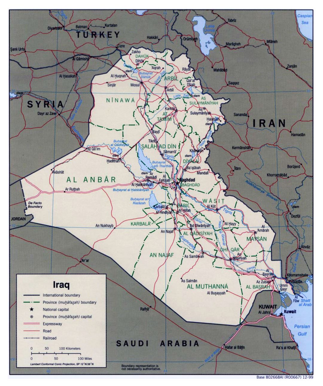Large political and administrative map of Iraq with roads, railroads and major cities - 1999