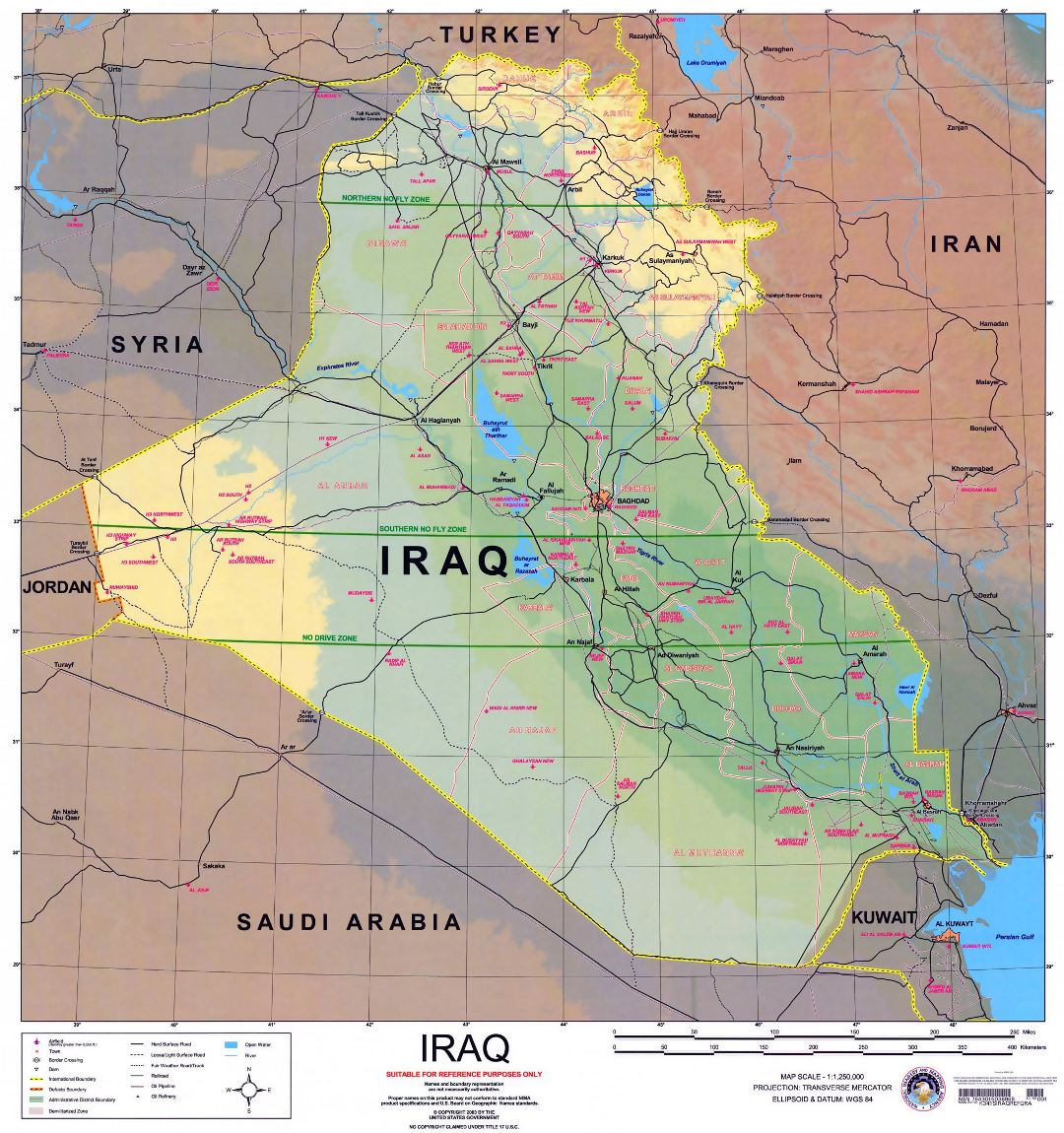 Large political and elevation map of Iraq with roads, cities and airports