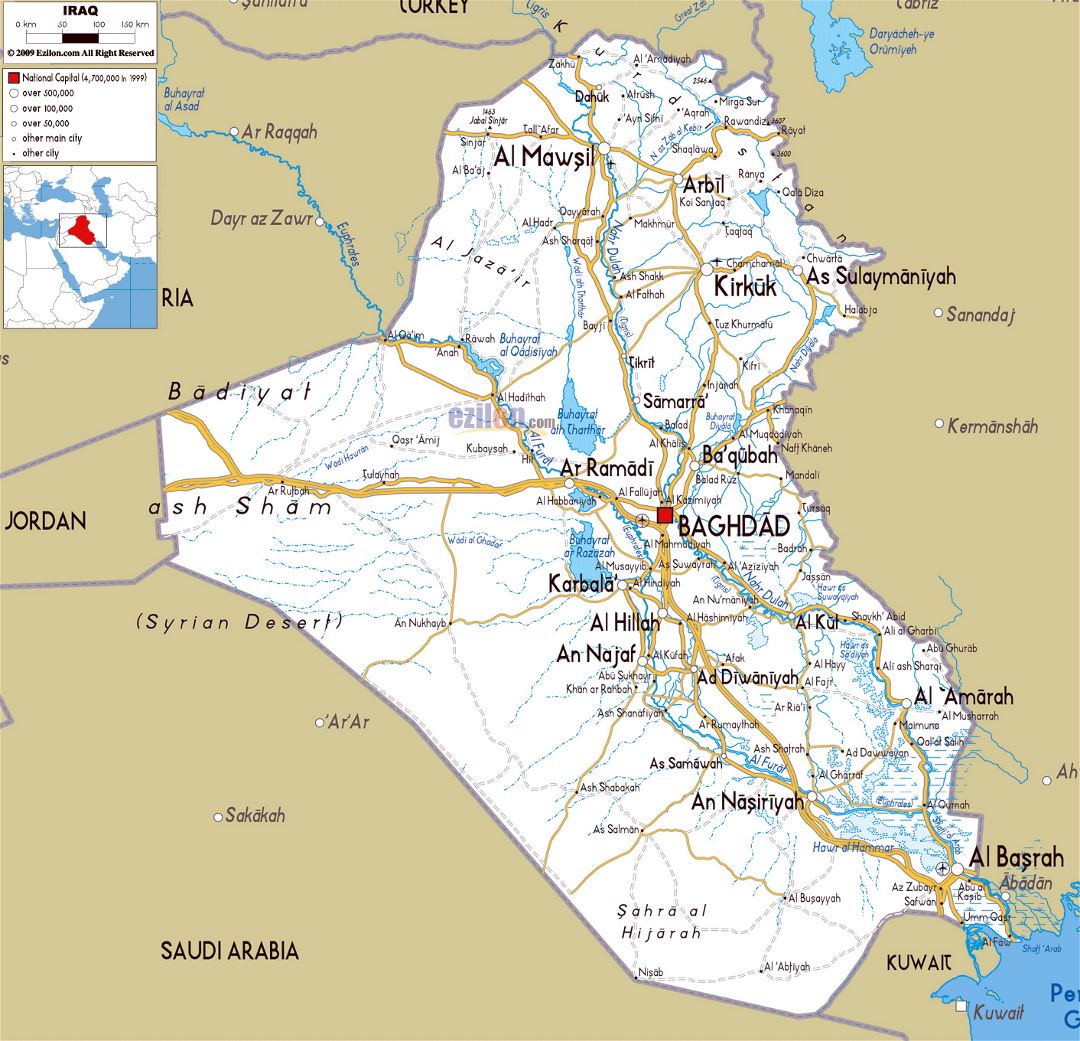 Large road map of Iraq with cities and airports