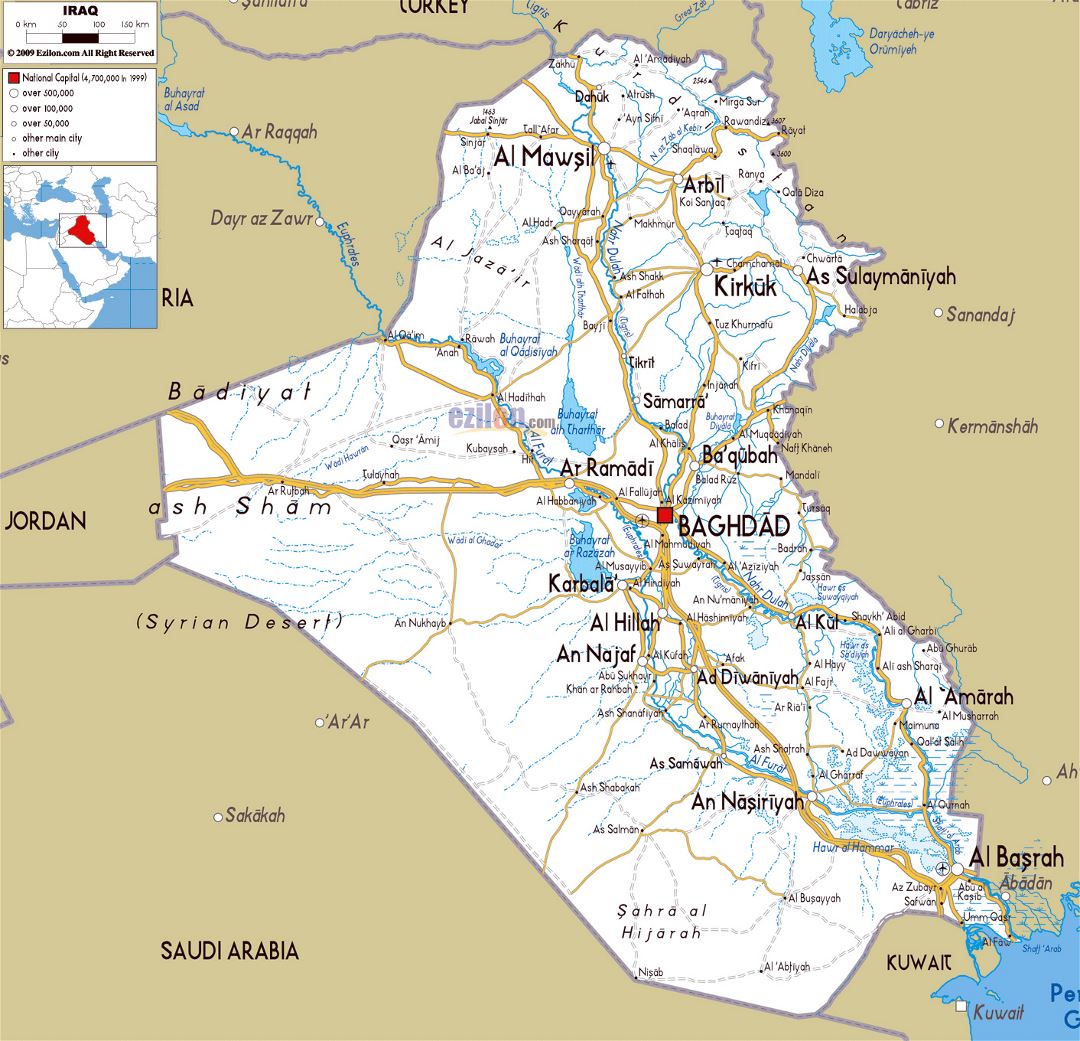 Large road map of Iraq with cities and airports