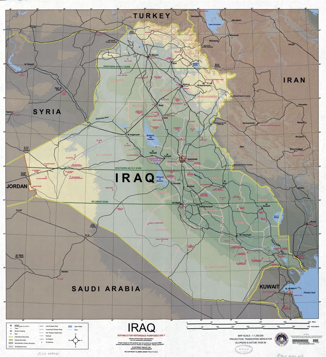 Large scale detailed map of Iraq with other marks - 2003