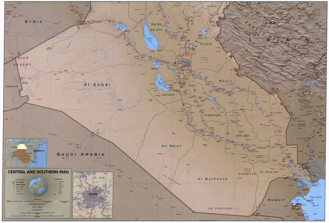 Large scale detailed political and administrative map of Central and Southern Iraq with relief, roads, railroads, cities, ports, airports and other marks - 2004