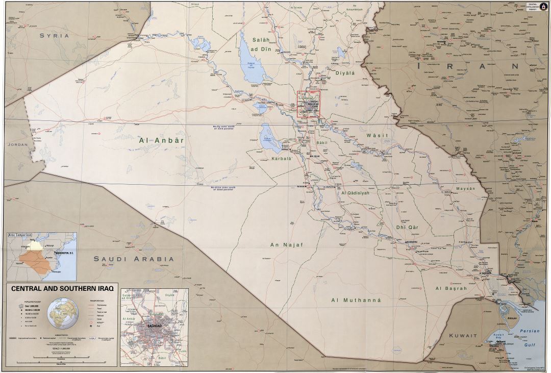 Large scale detailed political and administrative map of Central and Southern Iraq with roads, railroads, cities, ports, airports and other marks - 2003