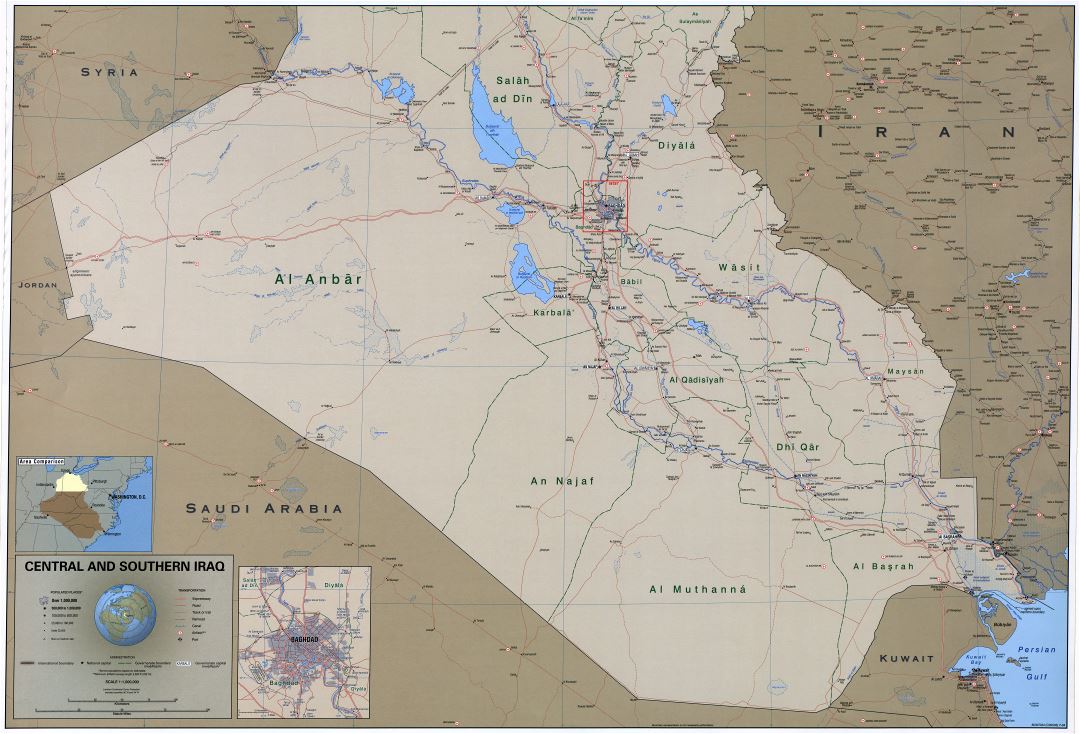 Large scale detailed political and administrative map of Central and Southern Iraq with roads, railroads, cities, ports, airports and other marks - 2004