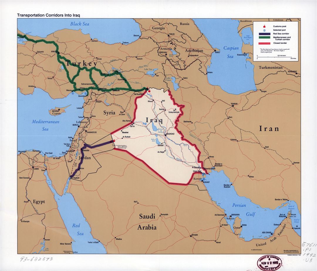 Large scale map of transportation corridors into Iraq - 1992