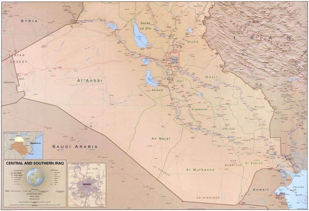 Large scale political and administrative map of Central and Southern Iraq with relief, roads, railroads, cities, ports, airports and other marks - 2004