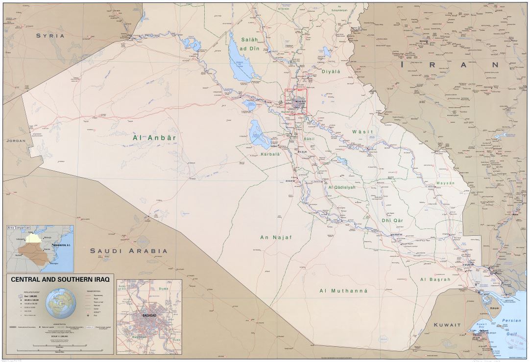 Large scale political and administrative map of Central and Southern Iraq with roads, railroads, cities, ports, airports and other marks - 2004