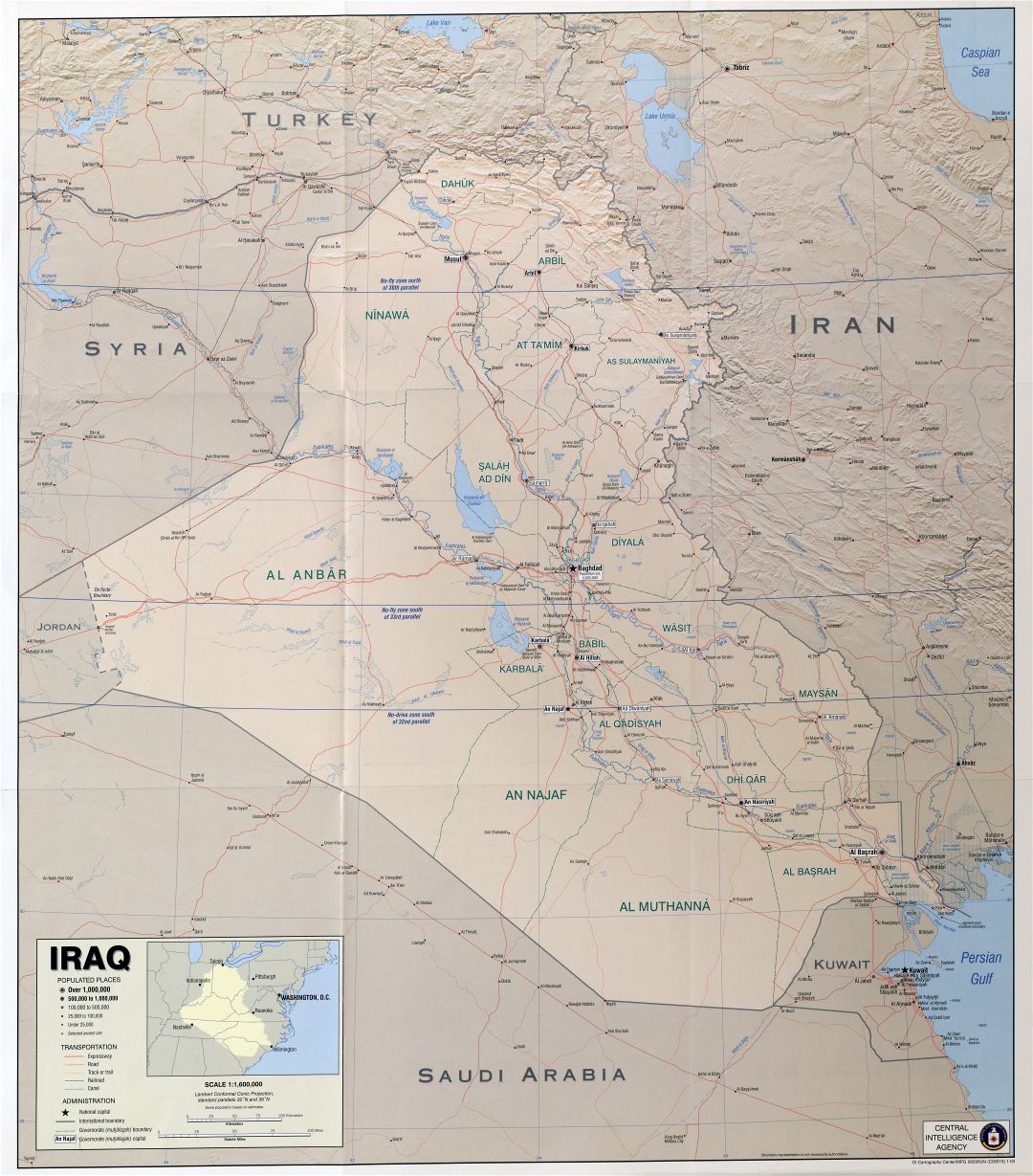 Large scale political map of Iraq with relief and other marks - 2003