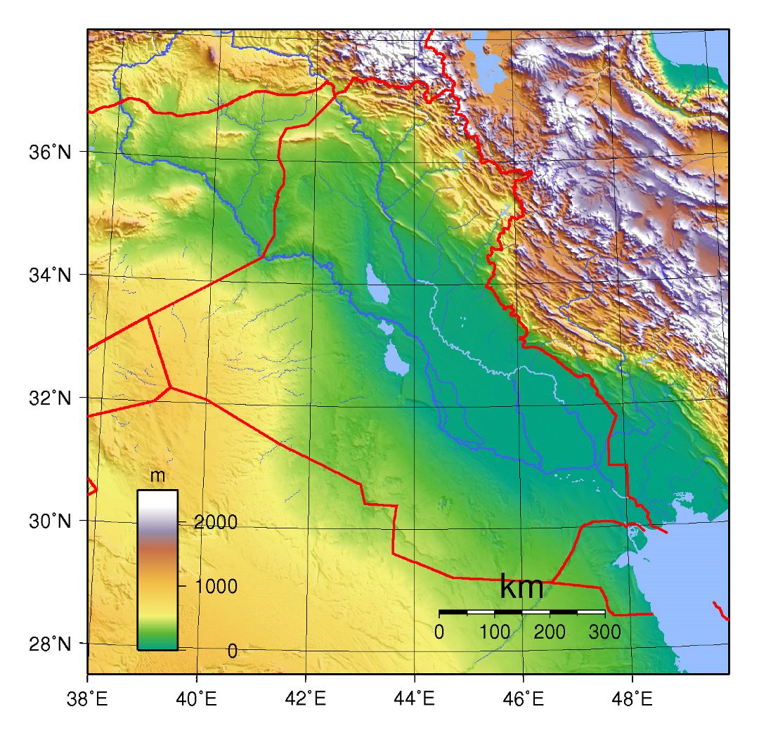 Large topographical map of Iraq