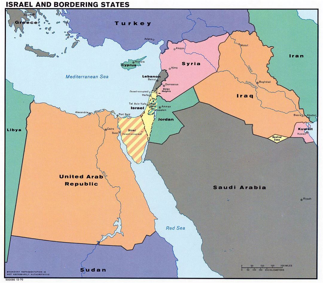 Detailed map of Israel and Bordering States - 1970