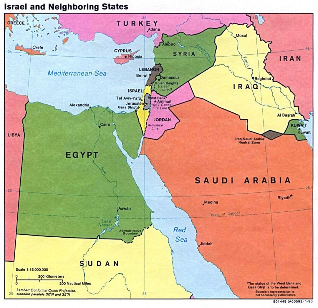 Detailed map of Israel and Neighboring States - 1990