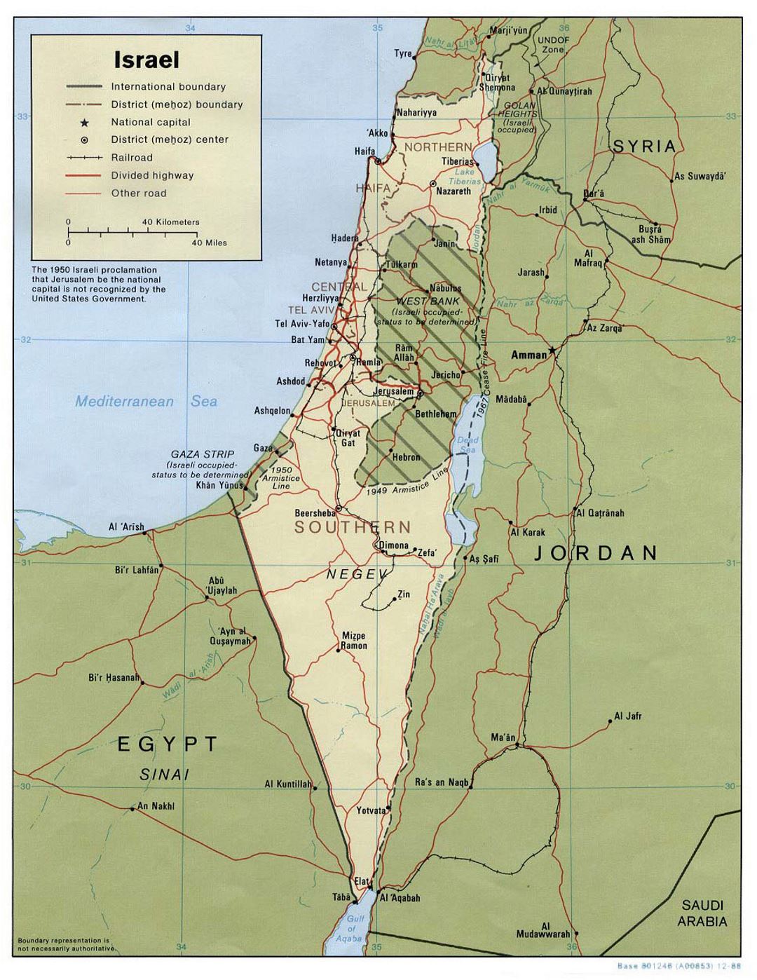 Detailed political and administrative map of Israel with roads, railroads and cities - 1988