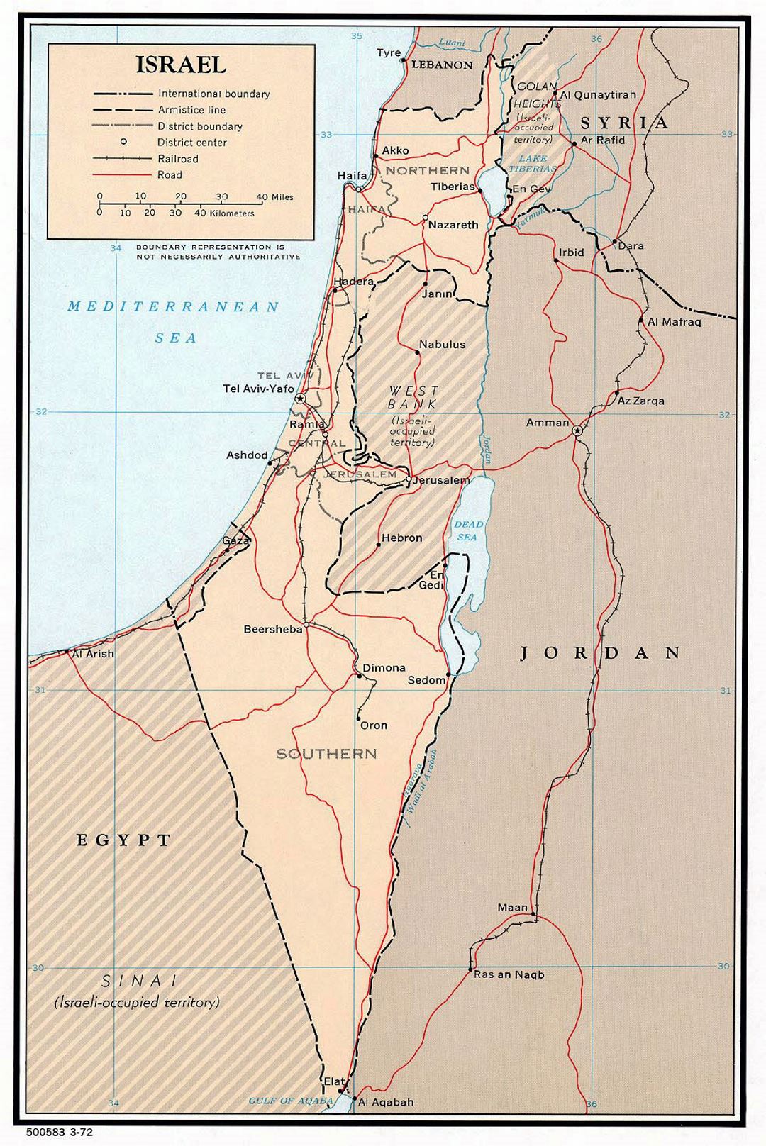 Detailed political and administrative map of Israel with roads, railroads and major cities - 1972