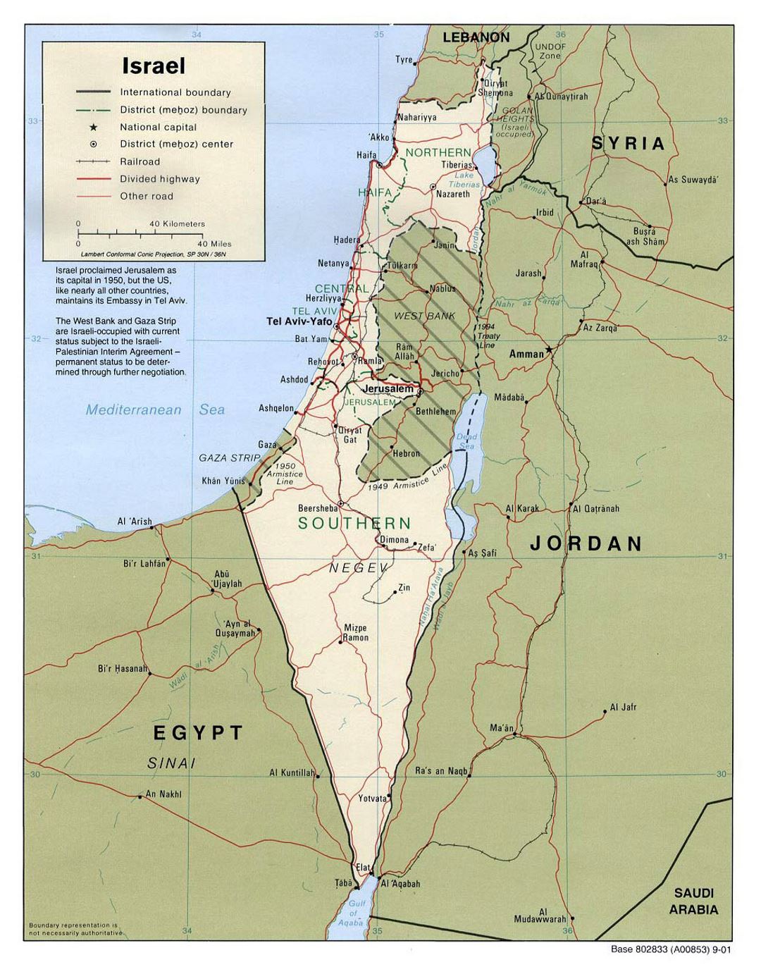 Detailed political and administrative map of Israel with roads, railroads and major cities - 2001