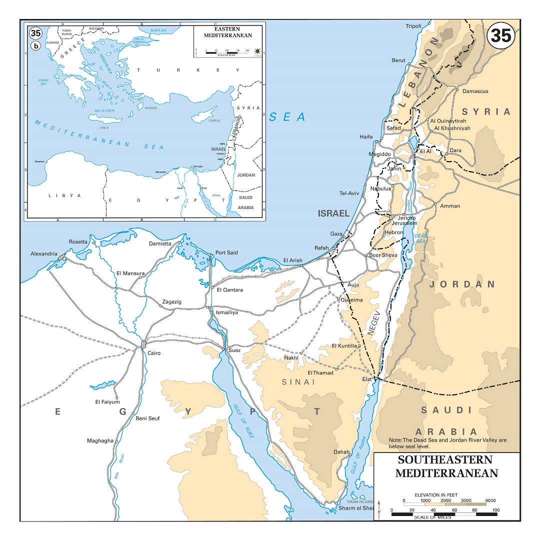 Large detailed elevation map of Southeastern Mediterranean