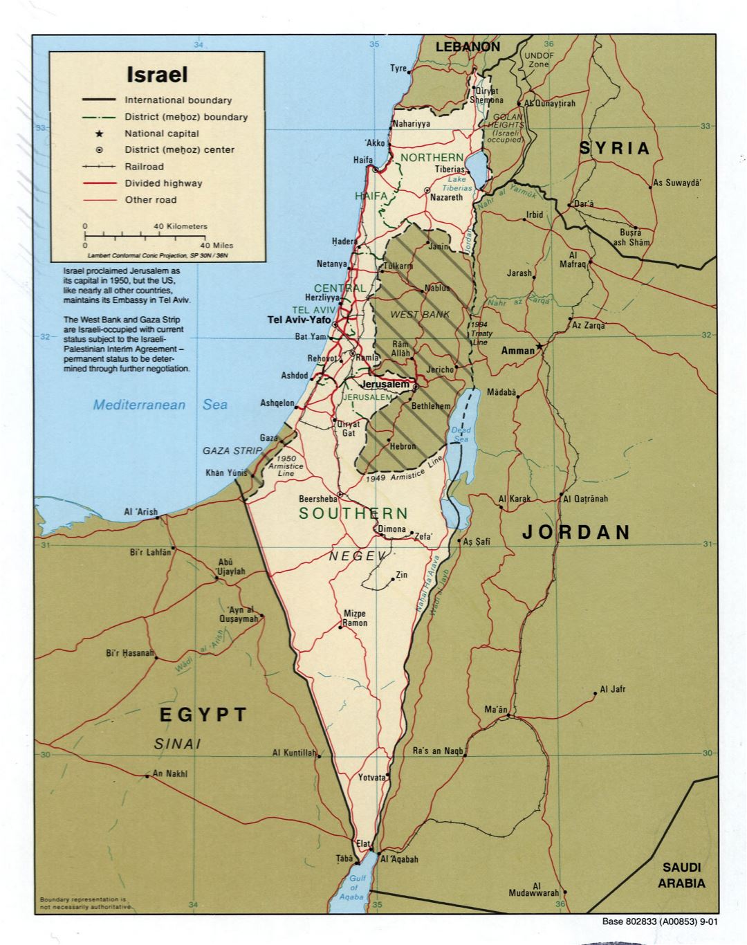 Large detailed political and administrative map of Israel with roads, railroads and major cities - 2001