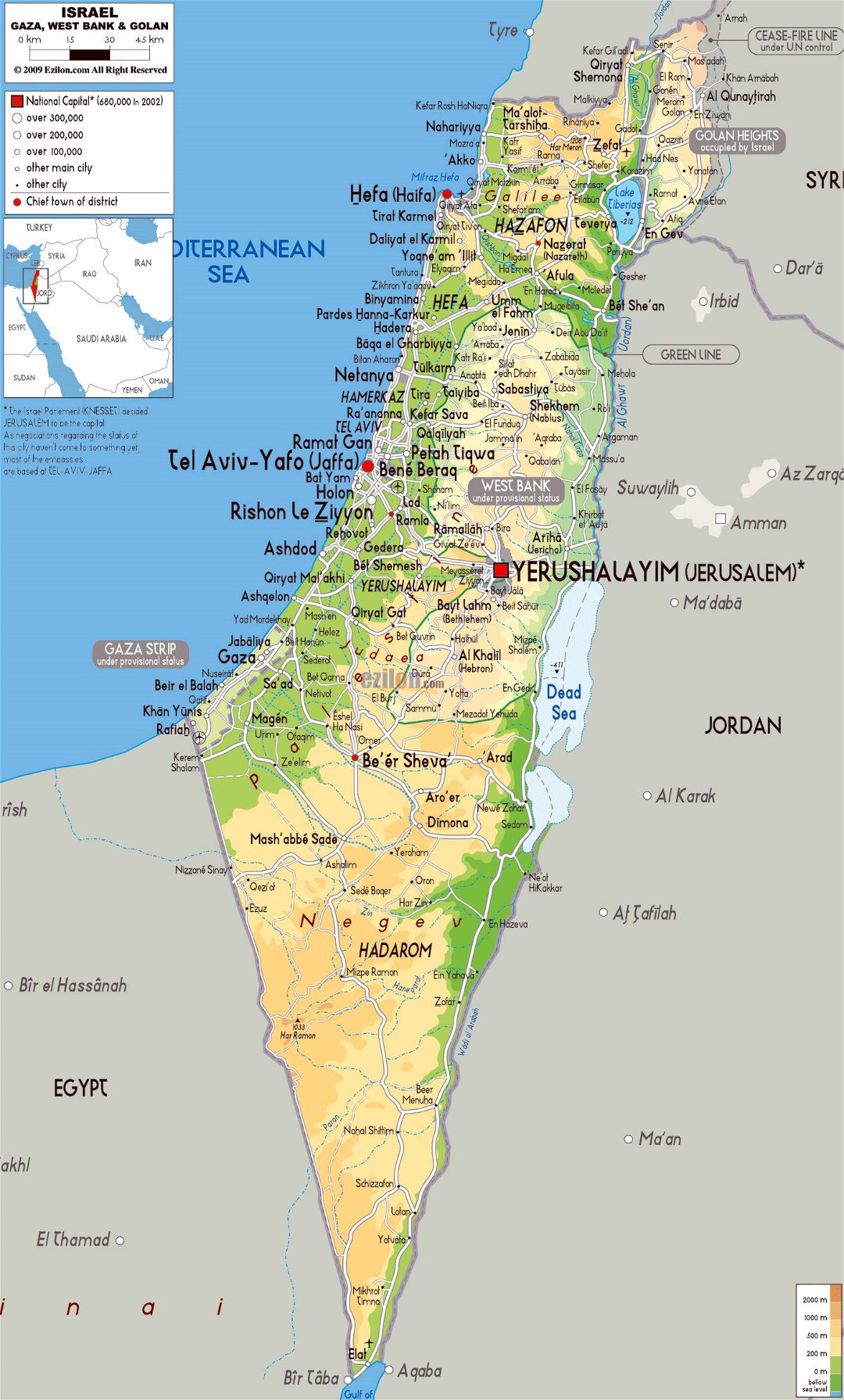 Large physical map of Israel with roads, cities and airports