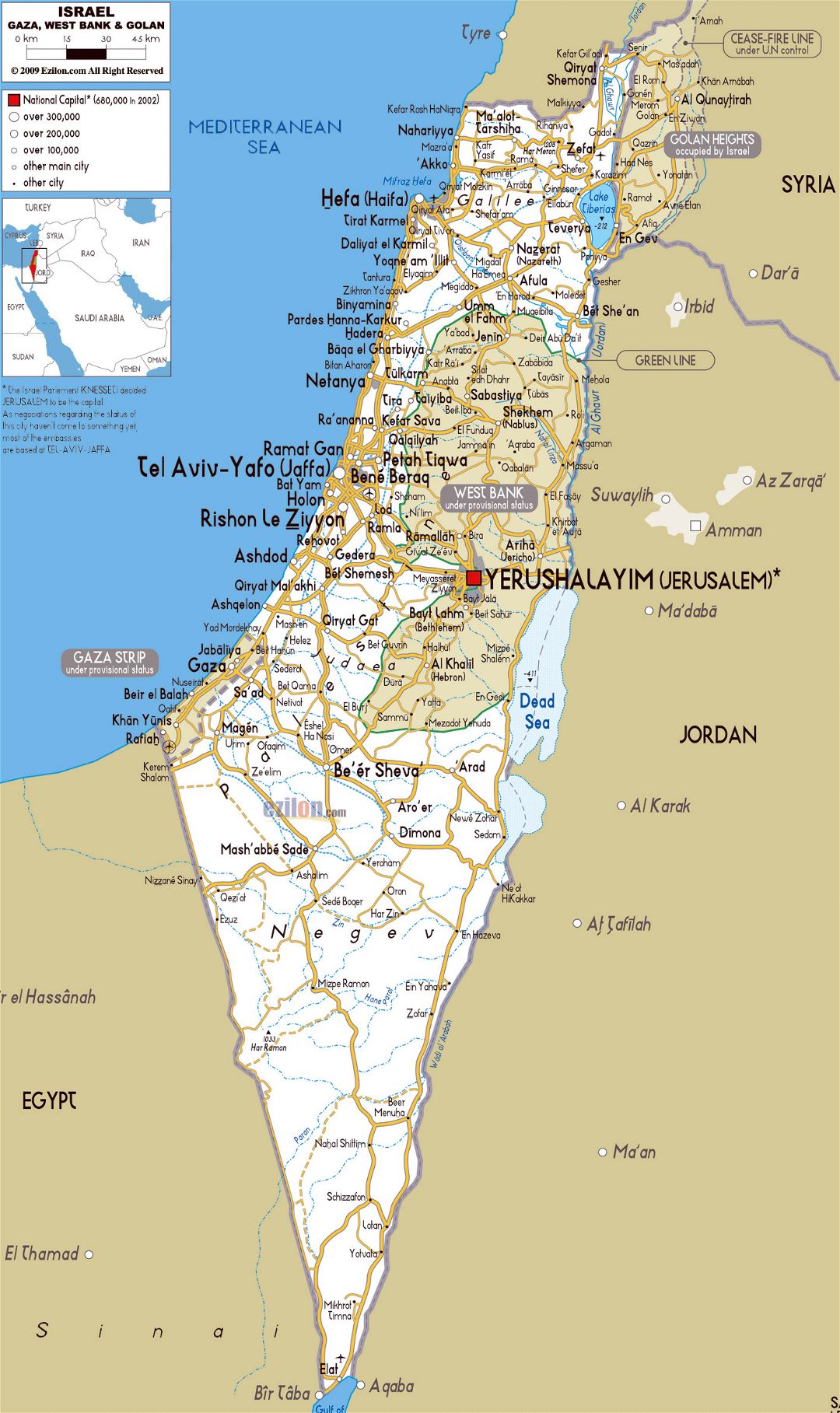 Large road map of Israel with cities and airports