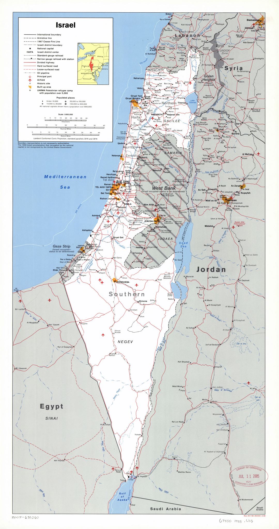 Large scale political and administrative map of Israel with roads, railroads, cities, ports, airports and other marks - 1988