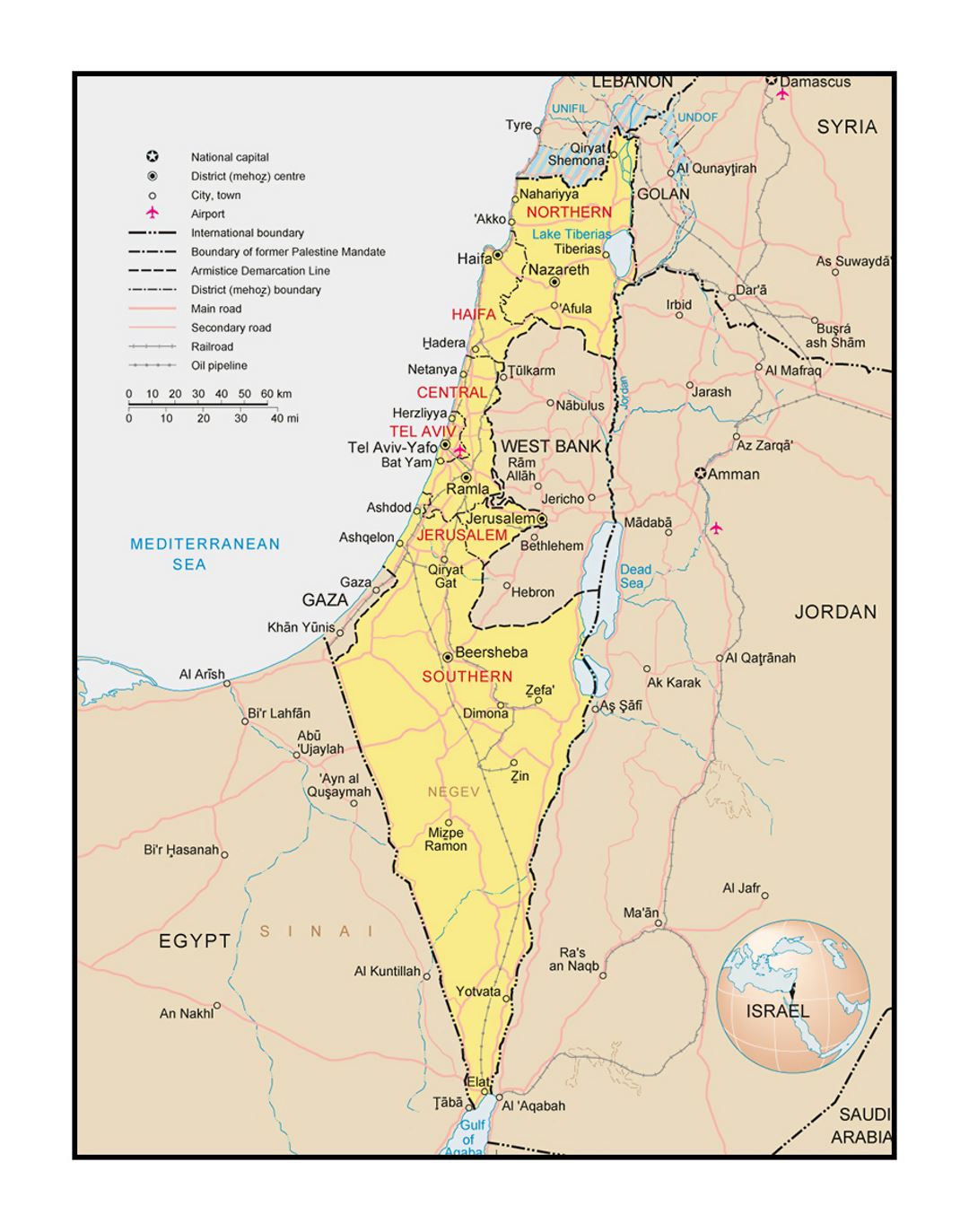 Political and administrative map of Israel with roads, cities, airports and other marks