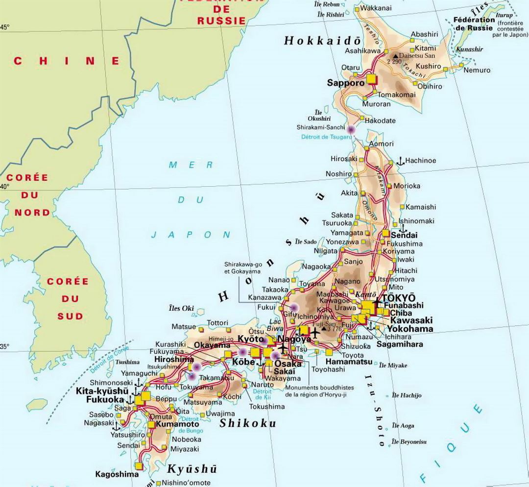 Detailed elevation map of Japan with roads, cities and airports