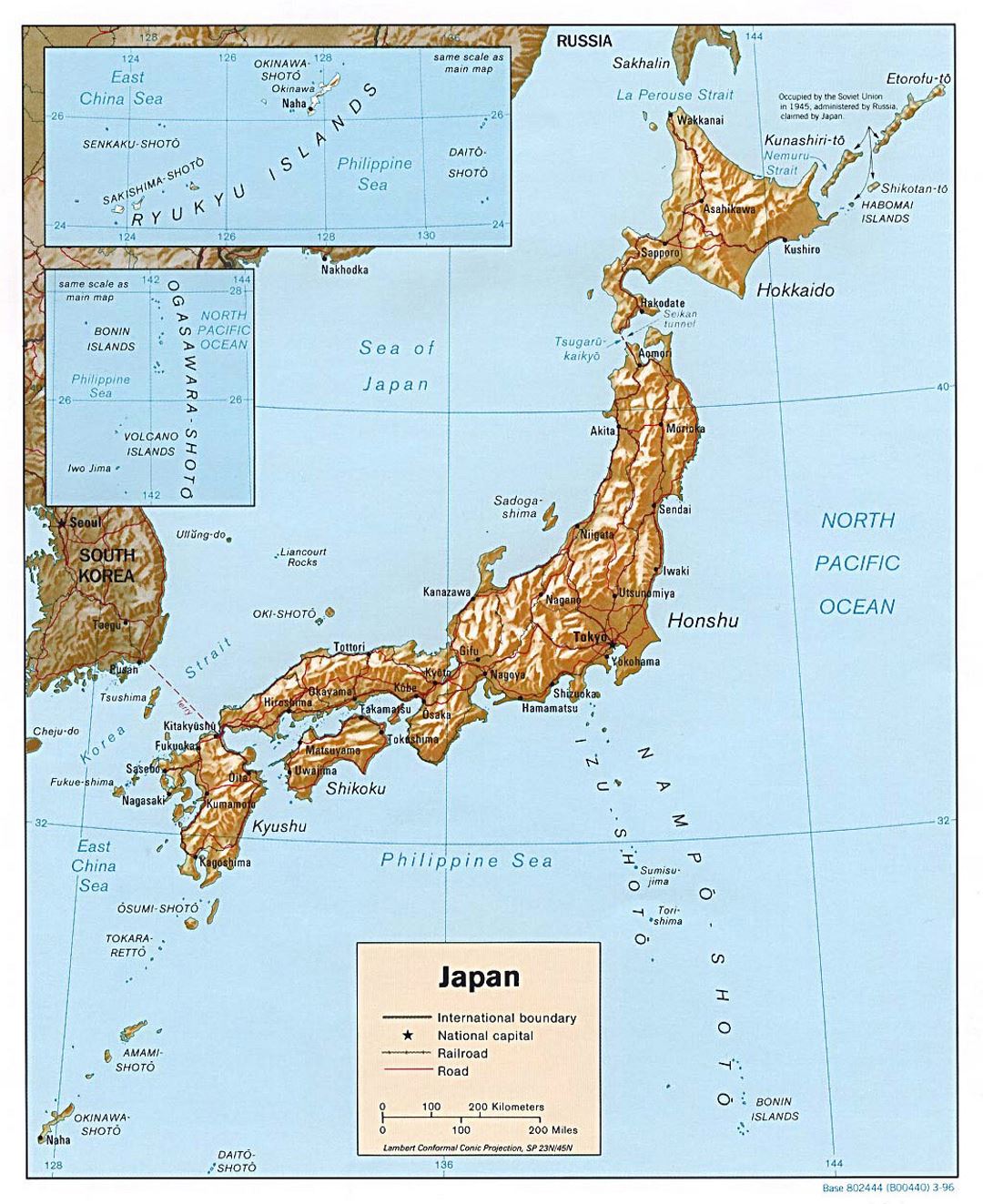 Detailed political map of Japan with relief, roads, railroads and major cities - 1996