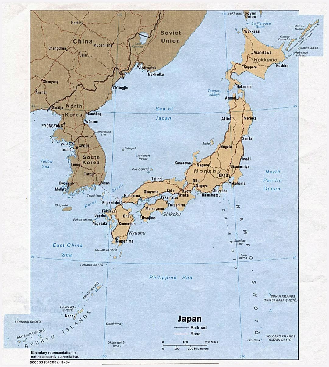 Detailed political map of Japan with roads, railroads and major cities - 1984