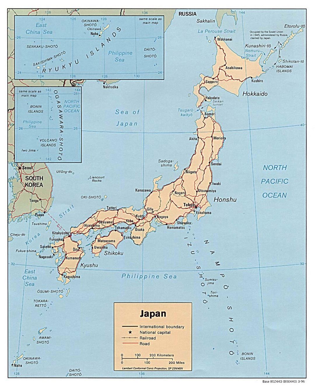 Detailed political map of Japan with roads, railroads and major cities - 1996