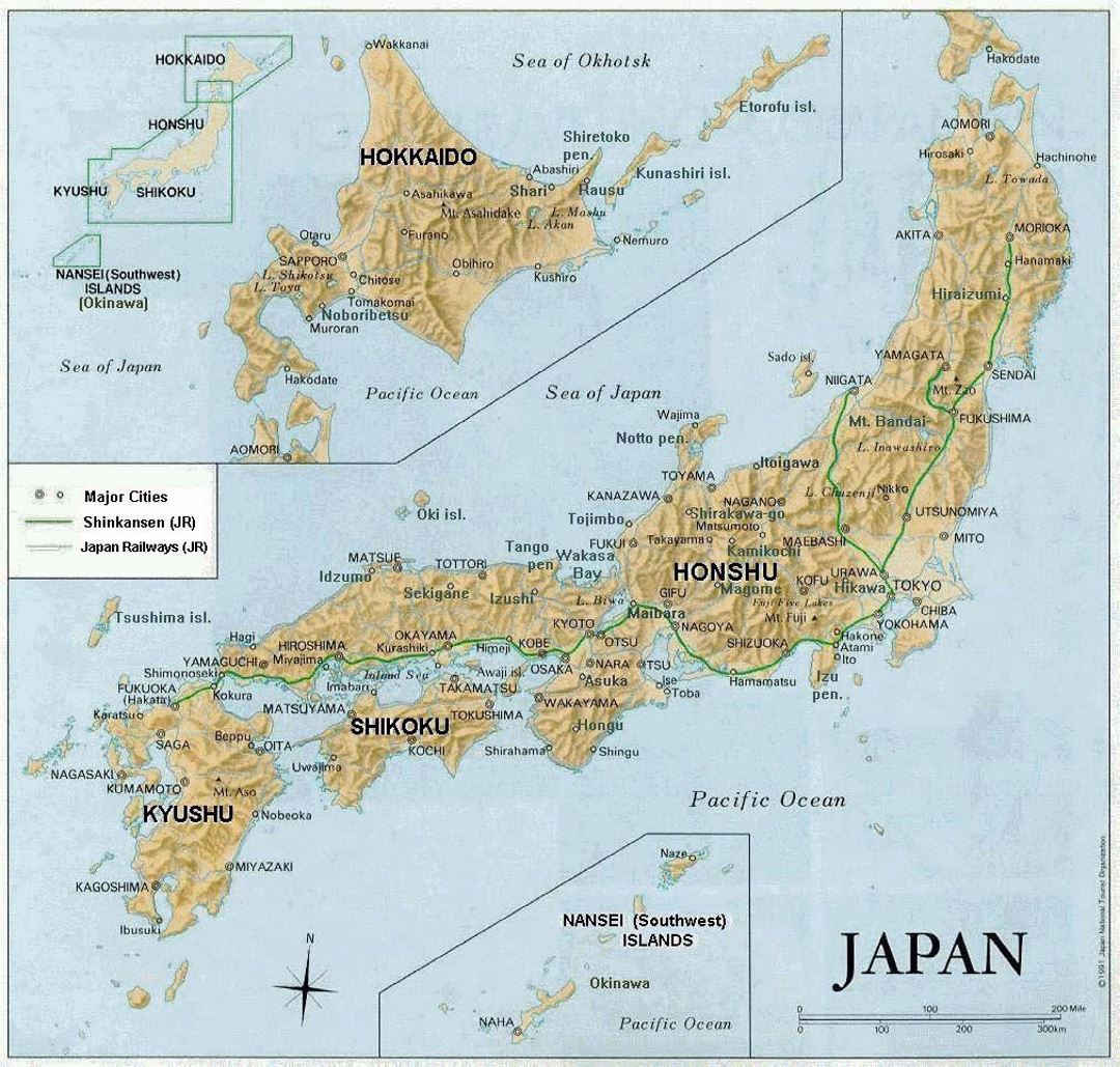 Detailed relief map of Japan with major roads and cities
