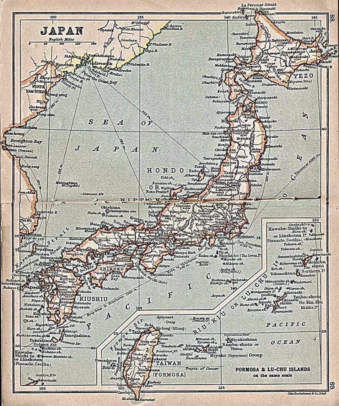 Large detailed old map of Japan with roads and cities - 1911