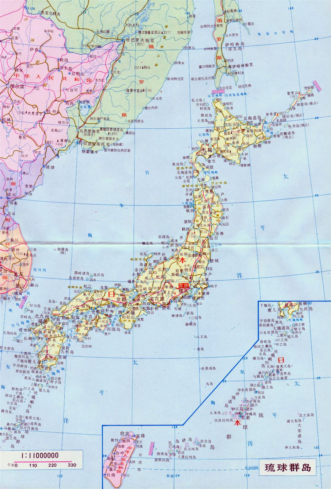 Large detailed road map of Japan with cities in japanese