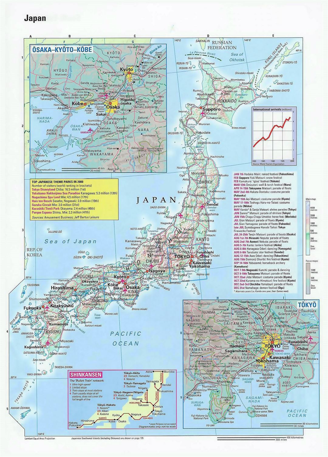 Large map of Japan with relief, roads, cities and airports