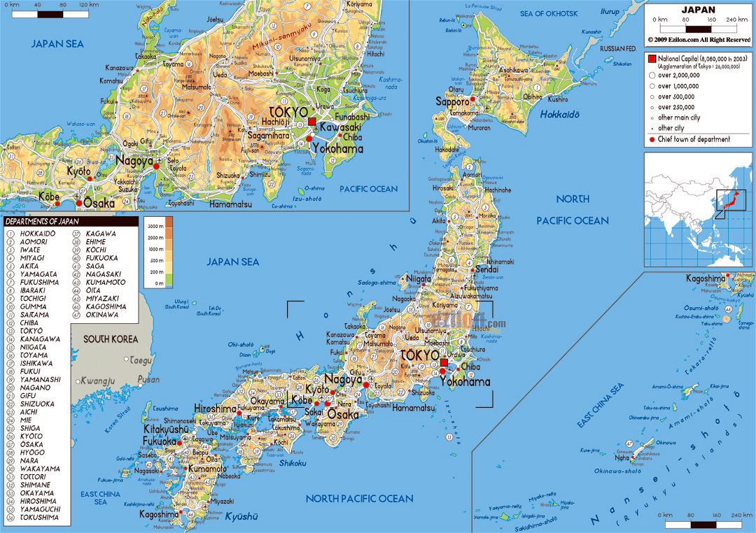 Large physical map of Japan with roads, cities and airports