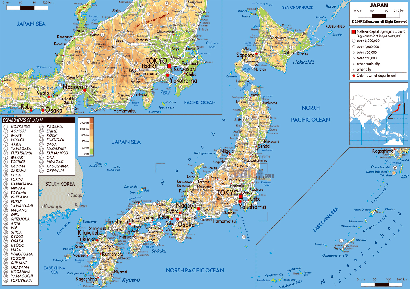 Large Physical Map Of Japan With Roads Cities And Airports