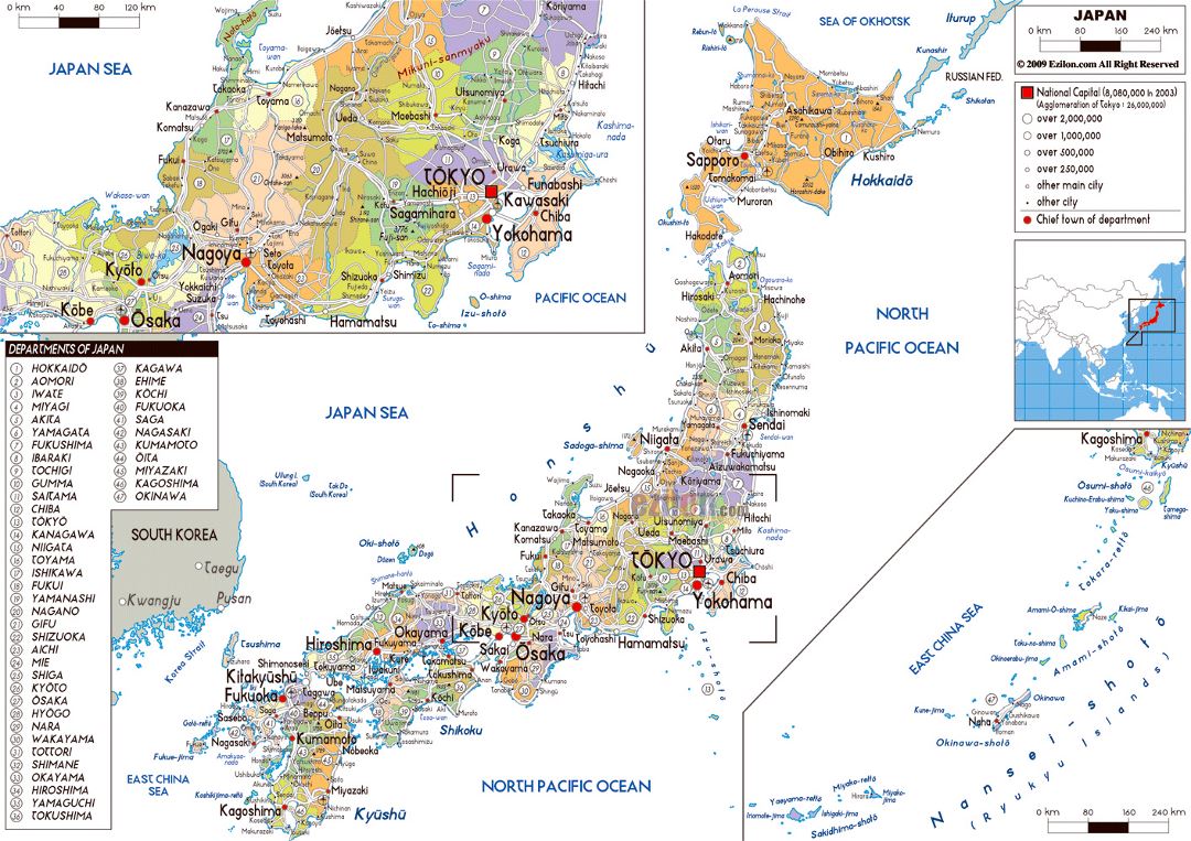 Large political and administrative map of Japan with roads, cities and airports