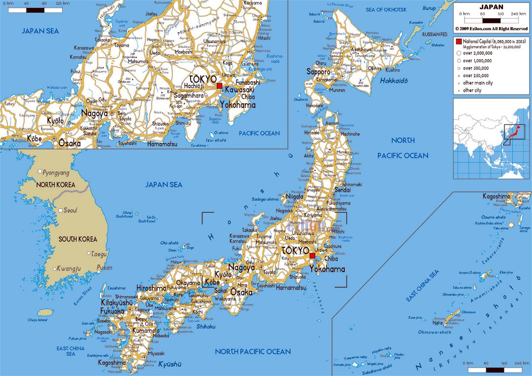 Large road map of Japan with cities and airports