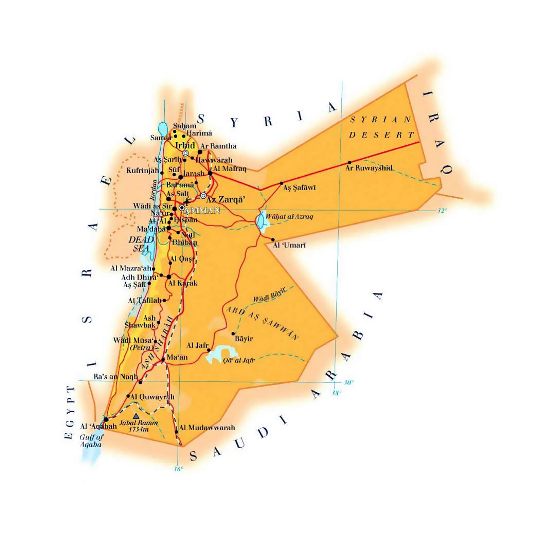 Detailed elevation map of Jordan with roads, railroads, cities and airports