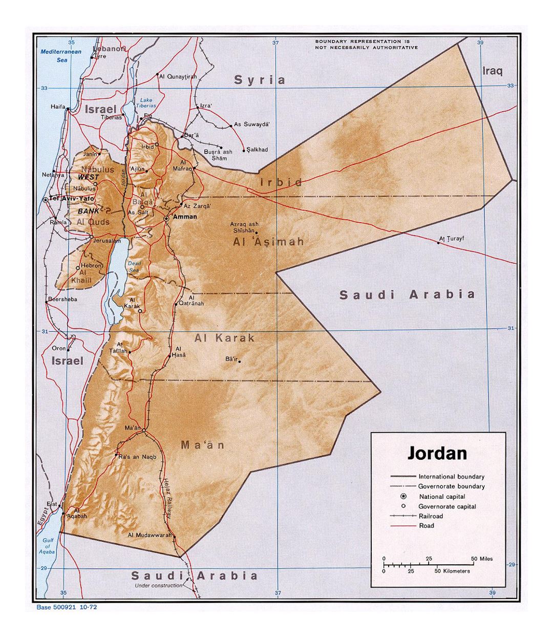 Detailed political and administrative map of Jordan with relief, roads, railroads and cities - 1972