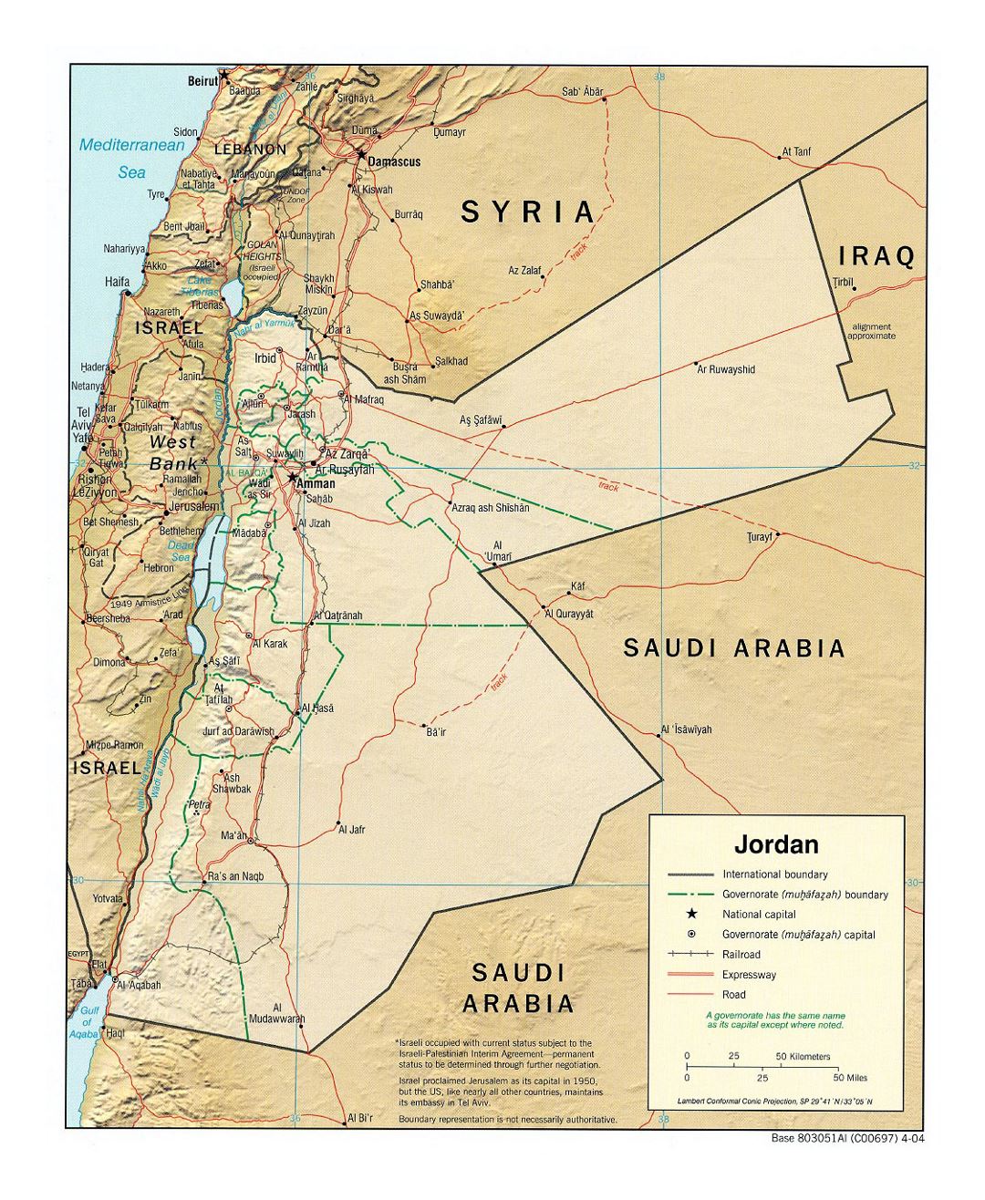 Detailed political and administrative map of Jordan with relief, roads, railroads and major cities - 2004