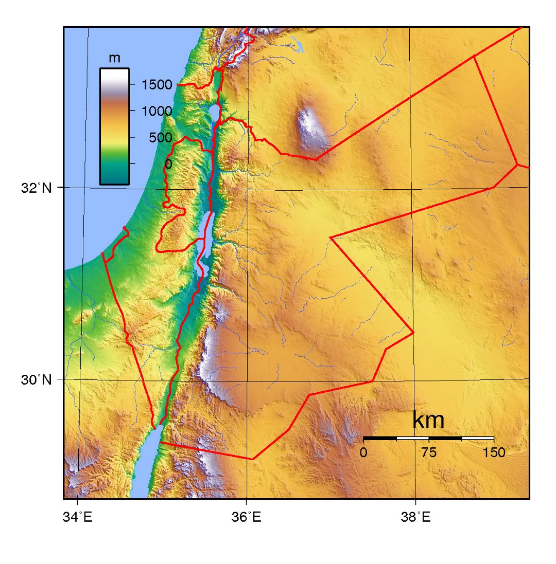 Detailed topographical map of Jordan