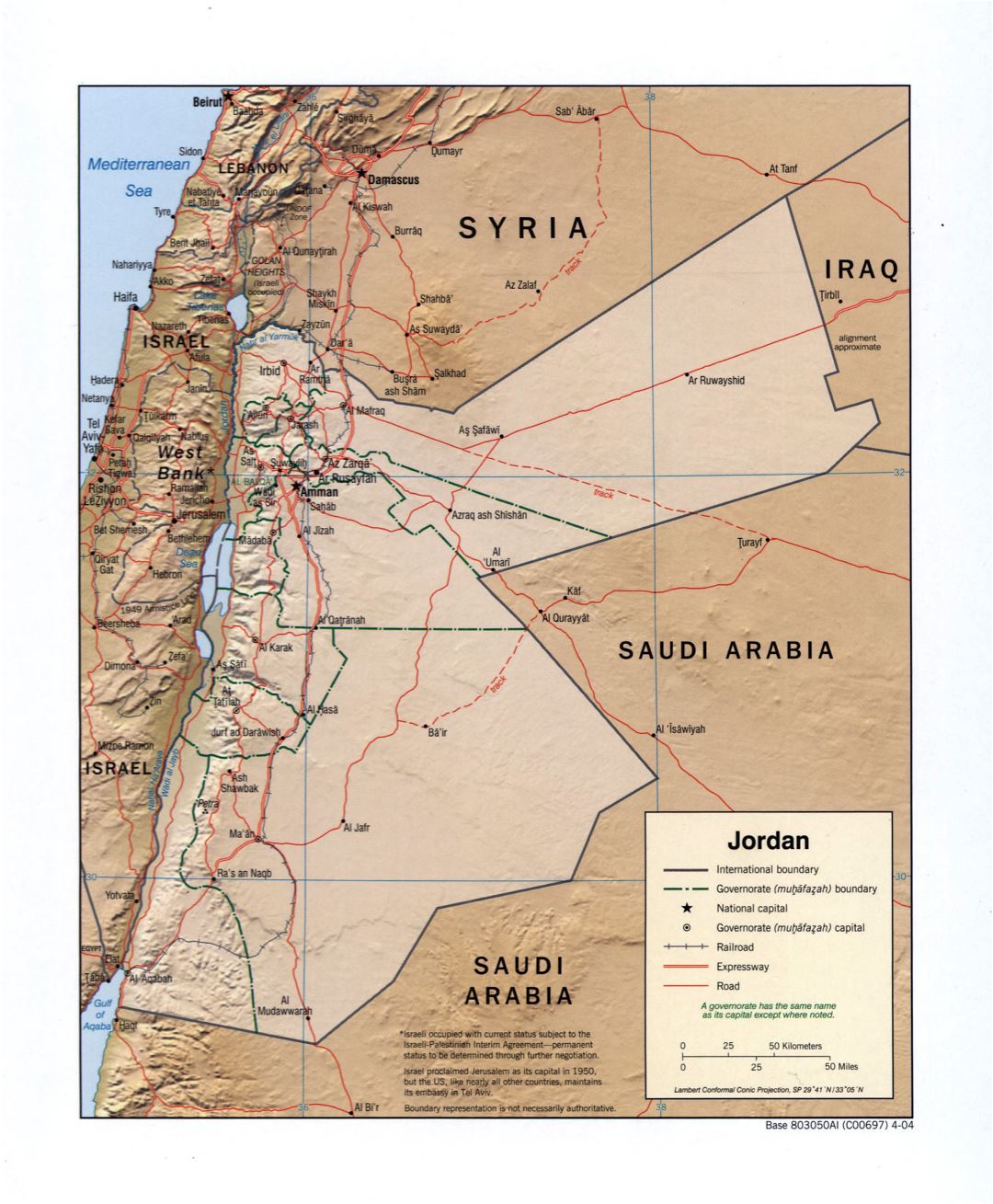 Large detailed political and administrative map of Jordan with relief, roads, railroads and major cities - 2004