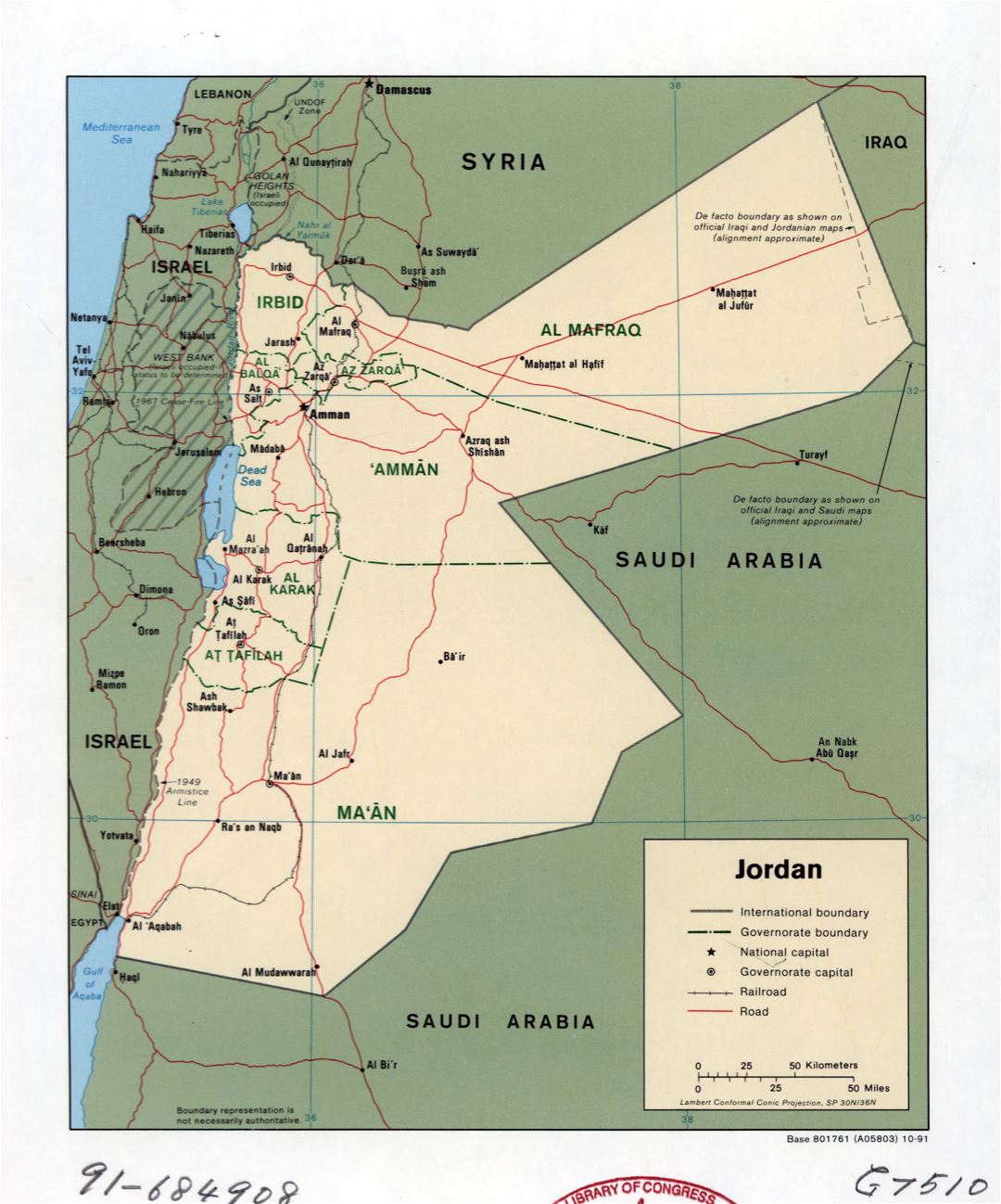 Large detailed political and administrative map of Jordan with roads, railroads and major cities - 1991