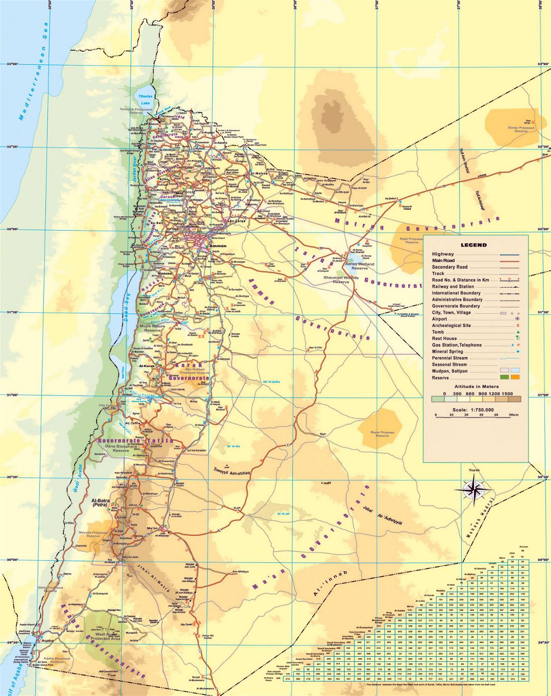Large elevation map of Jordan with roads, cities, airports and other marks