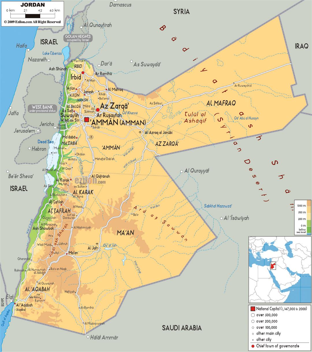 Large physical map of Jordan with roads, cities and airports