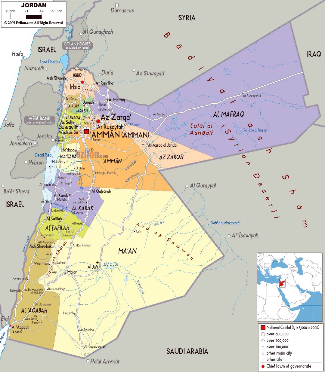 Large political and administrative map of Jordan with roads, cities and airports