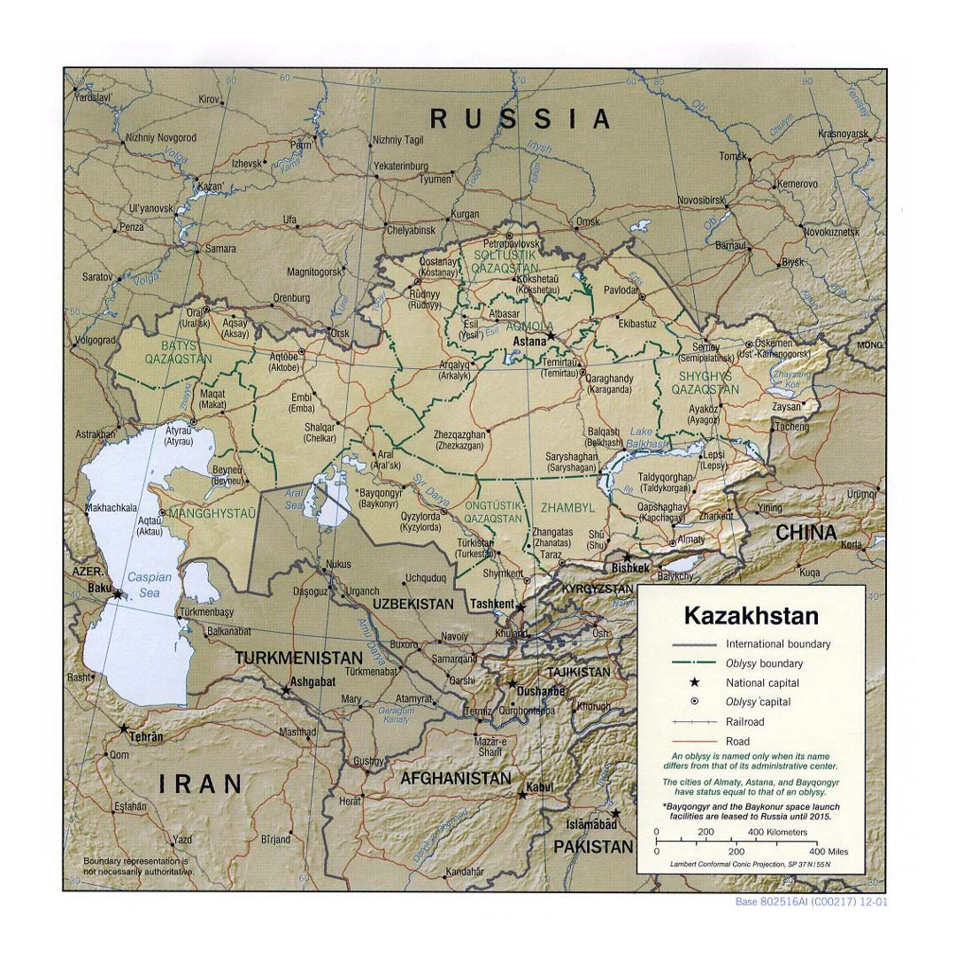 Detailed political and administrative map of Kazakhstan with relief, roads, railroads and major cities - 2001