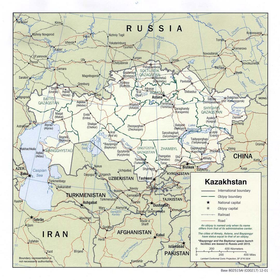 Detailed political and administrative map of Kazakhstan with roads, railroads and major cities - 2001