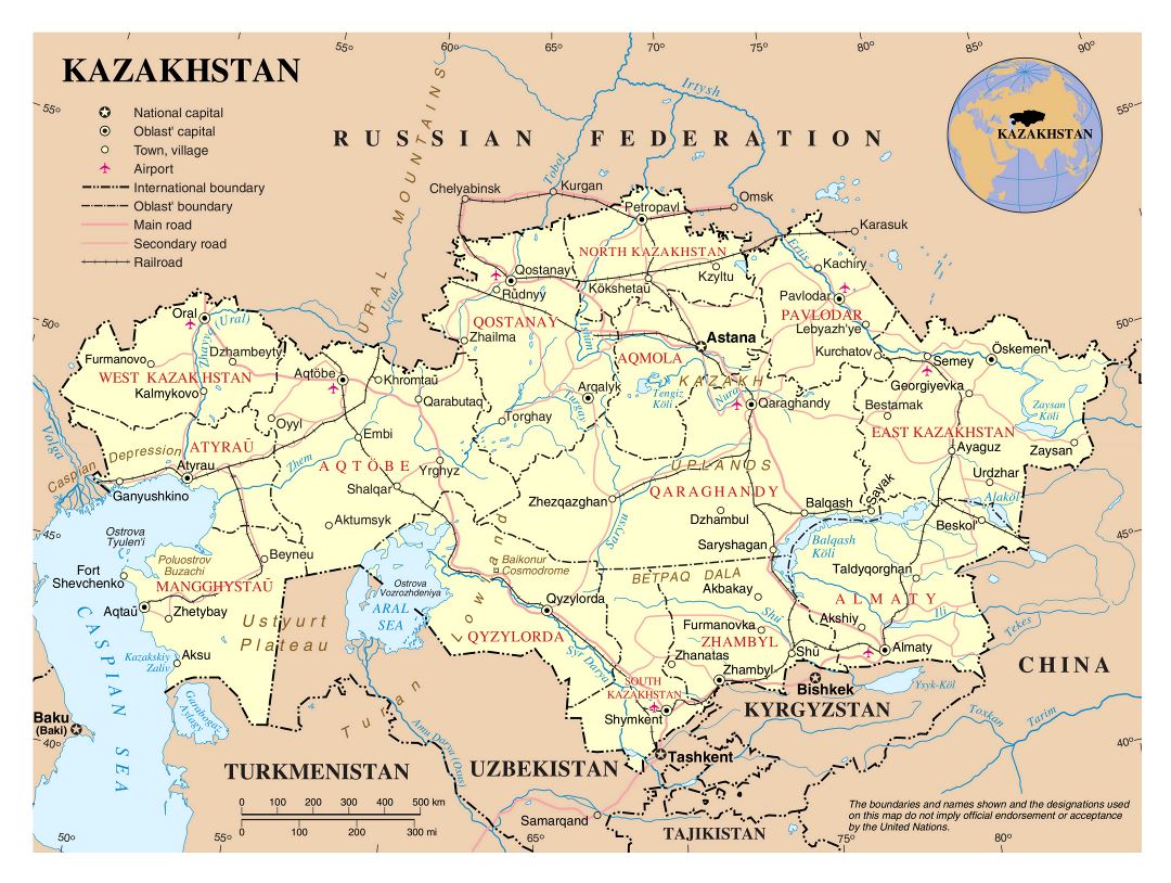 Large detailed political and administrative map of Kazakhstan with roads, major cities and airports